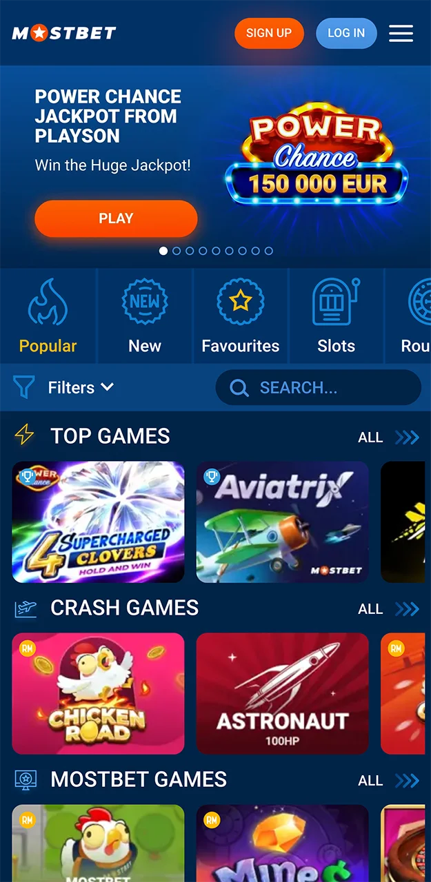 Slots and live casino in the Mostbet app.