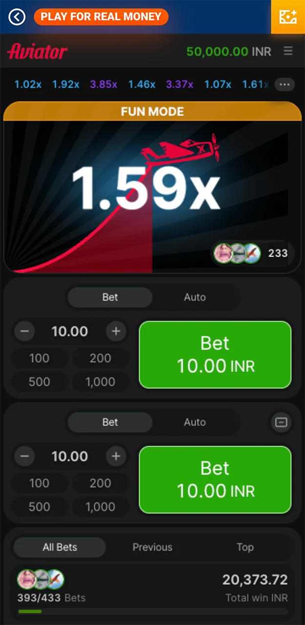 The Aviator game homepage in the Mostbet casino app.
